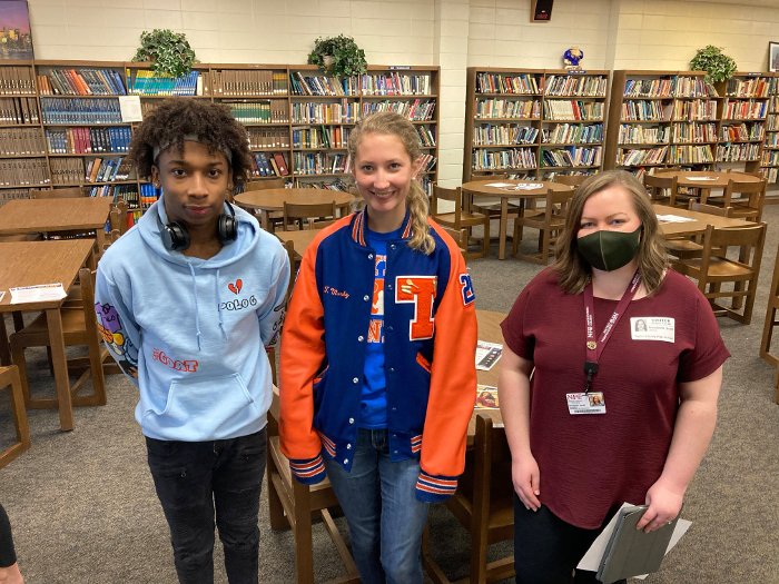 TCHS seniors Jahunter Jackson and Hope Murphy chat with NFC Scholarship Coordinator Annabelle Scott Feb 25 2021