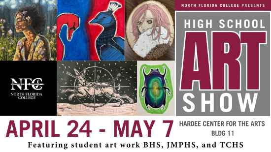 Examples of artwork by local high school students with information on NFC’s Annual Art Show